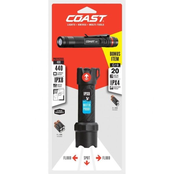 Lampe Torche LED COAST POLYSTEEL 400 – 500 Lumens, étanche, Résistante, 4 Piles AAA Incluses