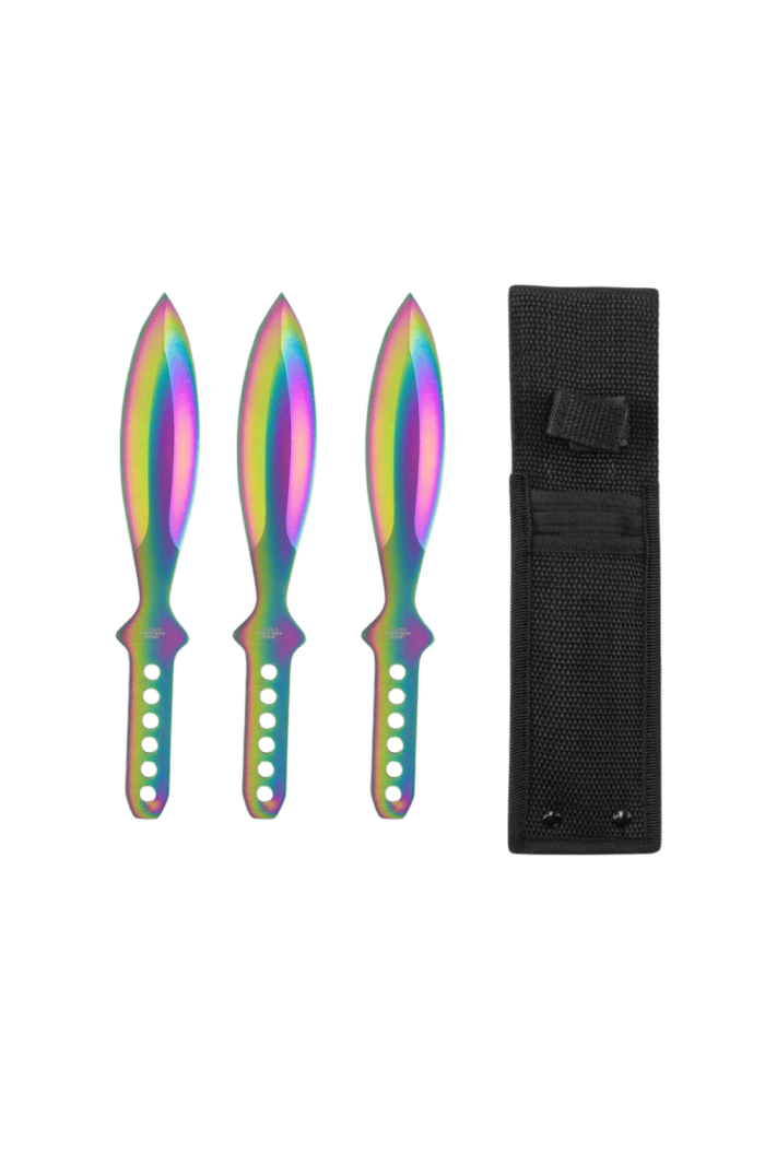 Rainbow Coated Throwing Knives Set of 3 with Nylon Sheath